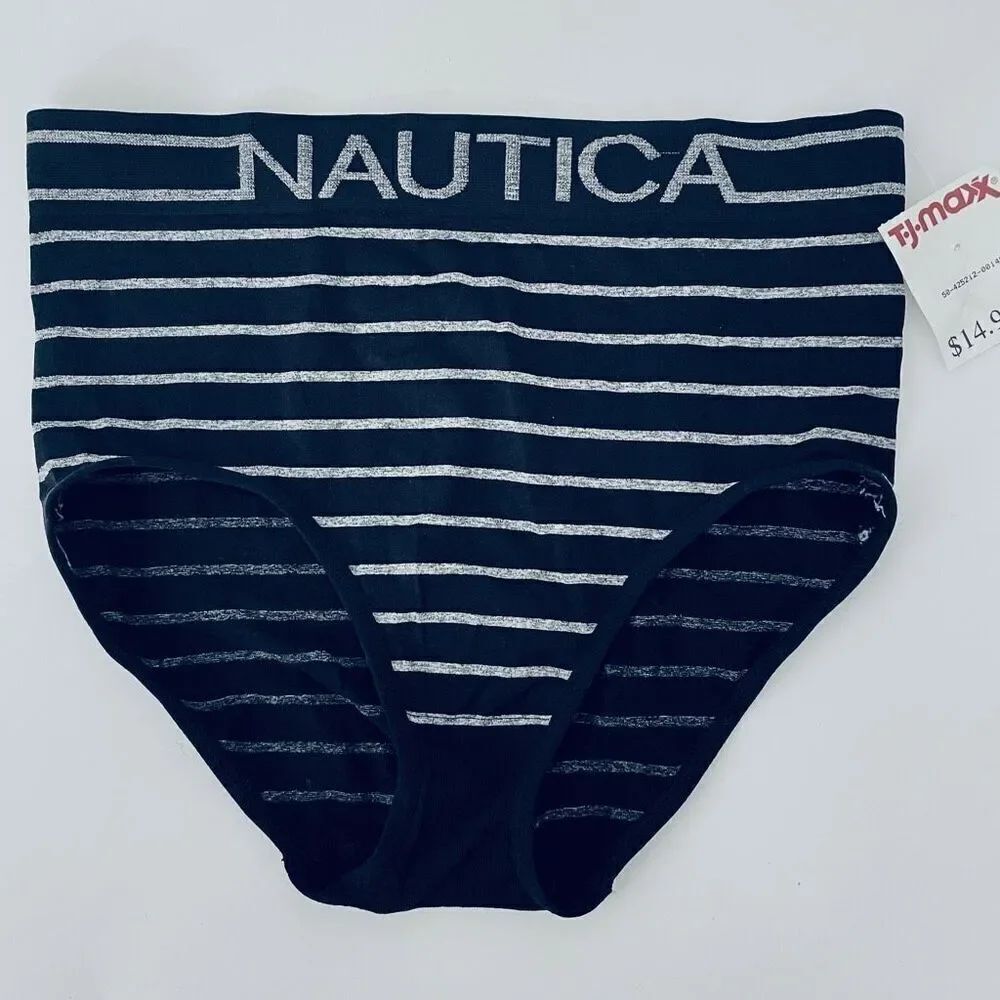 NWT Gorgeous Nautica M Black & Grey Striped Seamless Full Coverage Brief Panty